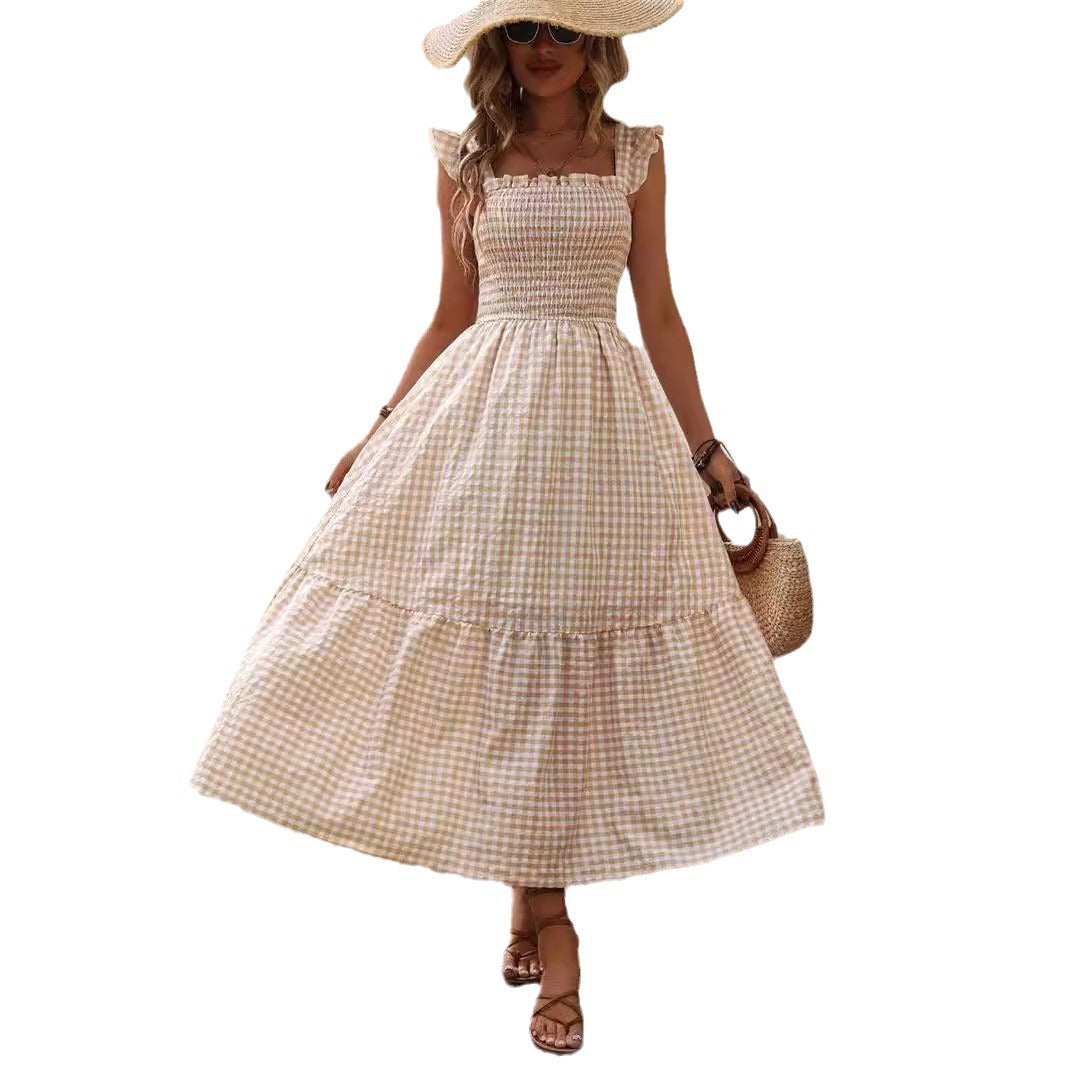 Women's Elastic Large Swing Plaid Dress - KuzuSHOP