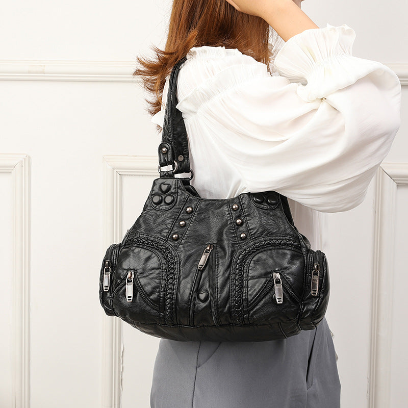 2021 real washed leather motorcycle bag fashion solid color women's one-shoulder handbag wholesale cross-border hot sale women's bag new - KuzuSHOP