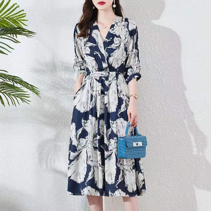 Waist-controlled Lace-up Sleeve V-neck Printed Skirt - KuzuSHOP