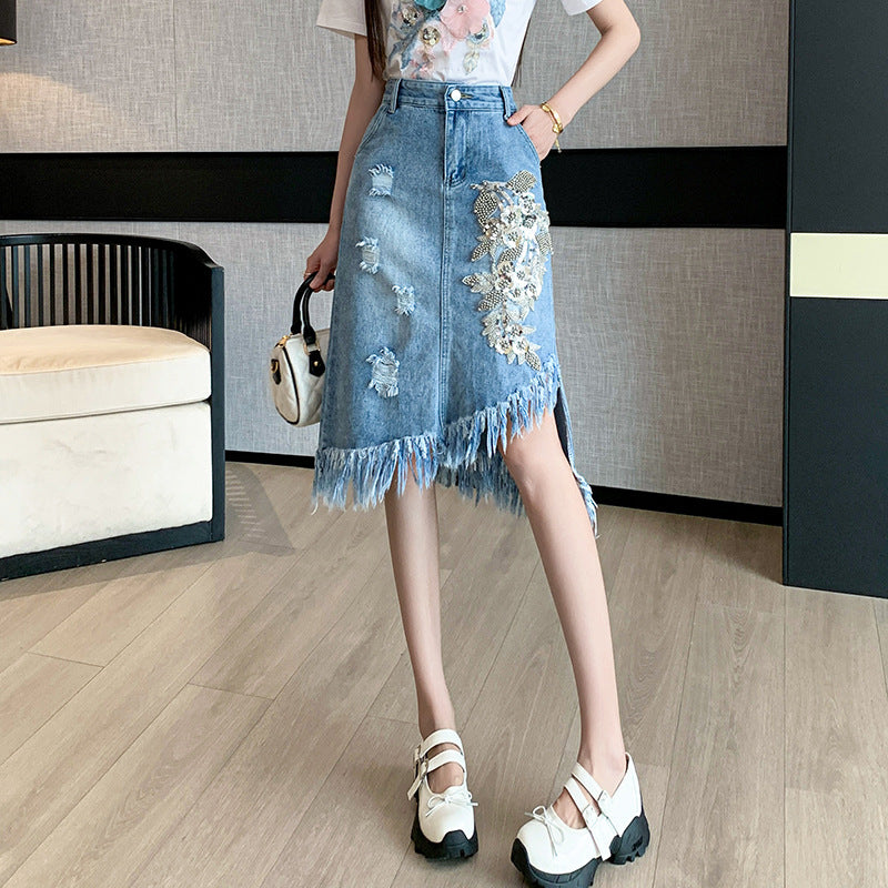 Ripped Flower Asymmetric Skirt Mid-length - KuzuSHOP