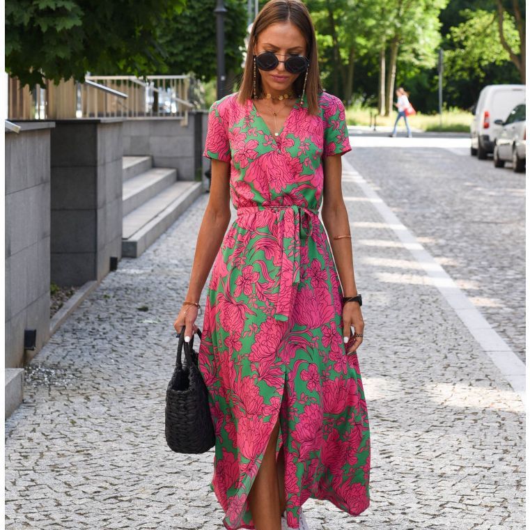 Women's summer v-neck print tie dress - KuzuSHOP