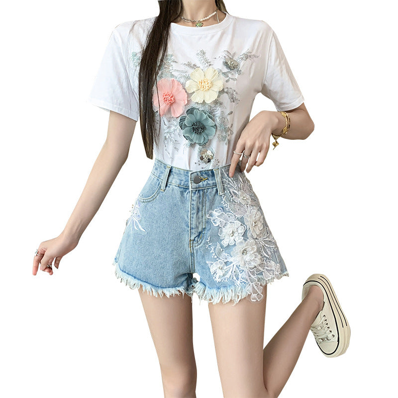 Exquisite Embroidered Flowers Denim Shorts For Women - KuzuSHOP