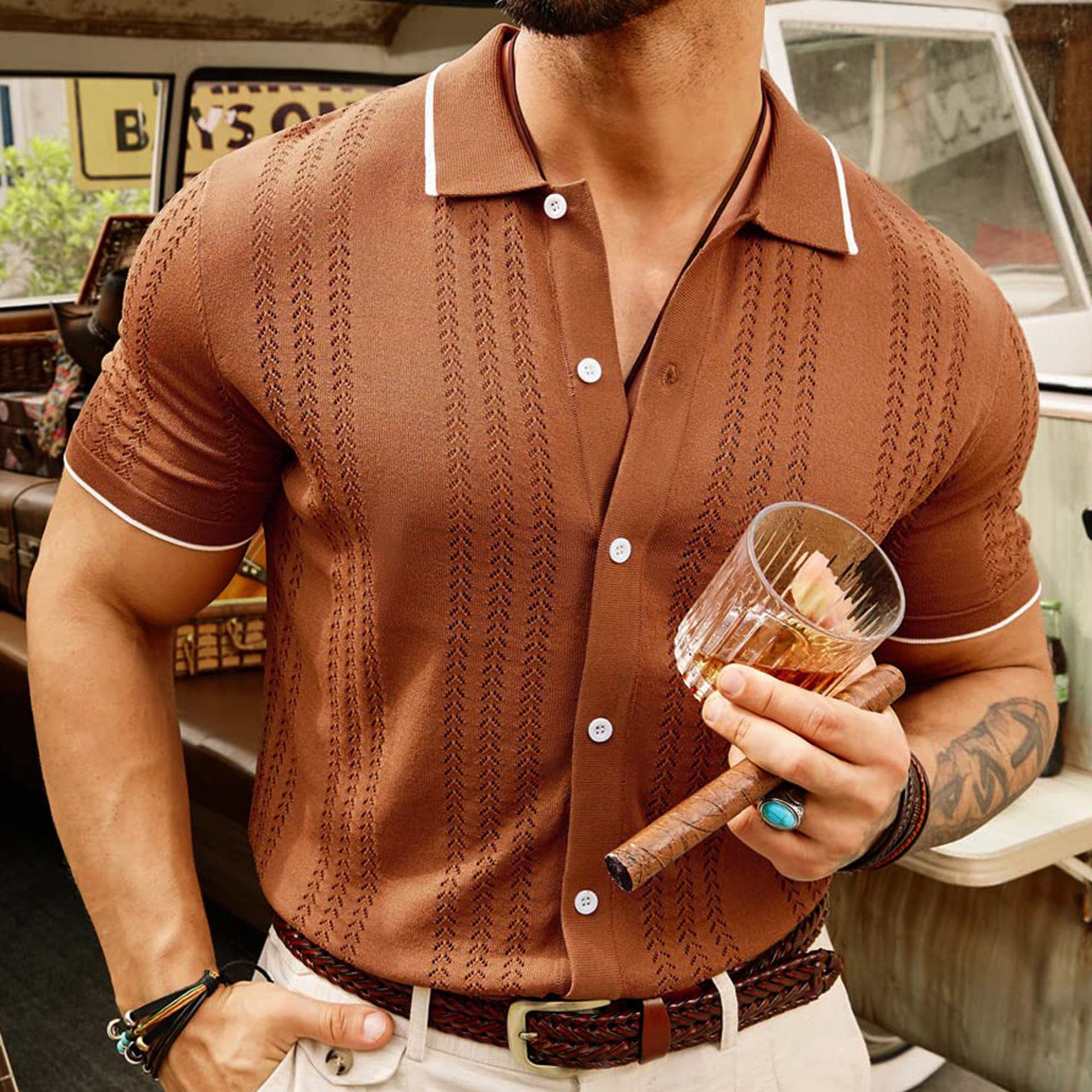 Short-sleeved Polo Shirt Summer Button Lapel Top Fashion Business Men's Clothing - KuzuSHOP