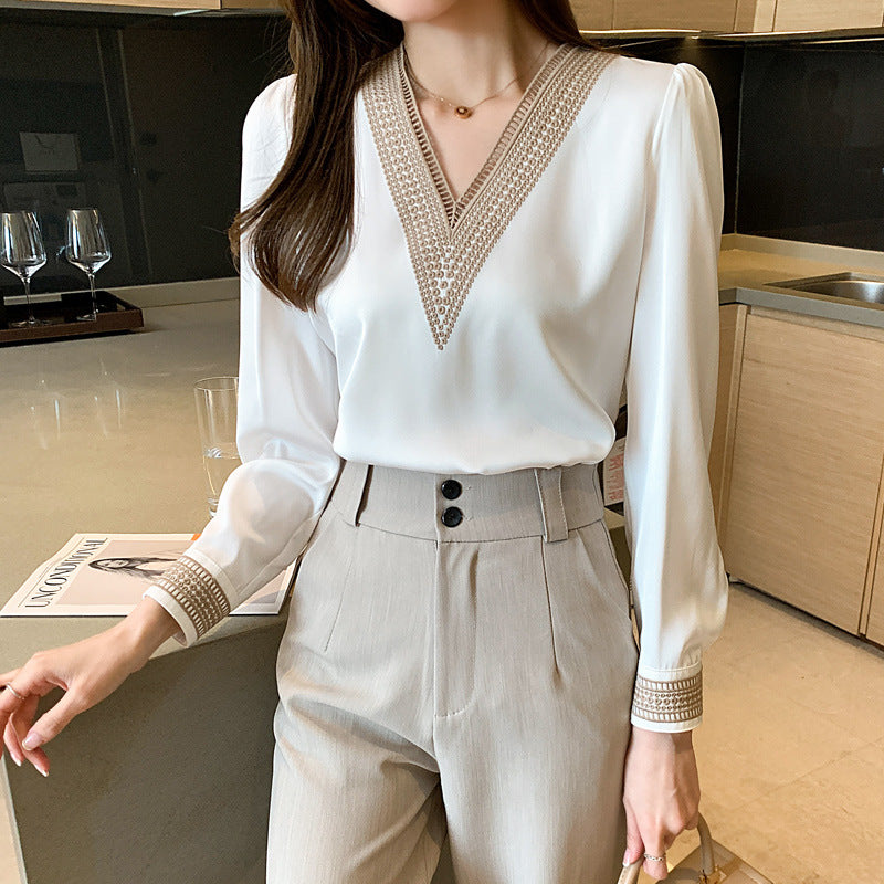 Shirt women's long-sleeved 2024 spring new fashion foreign style all-match v-neck satin chiffon top - KuzuSHOP