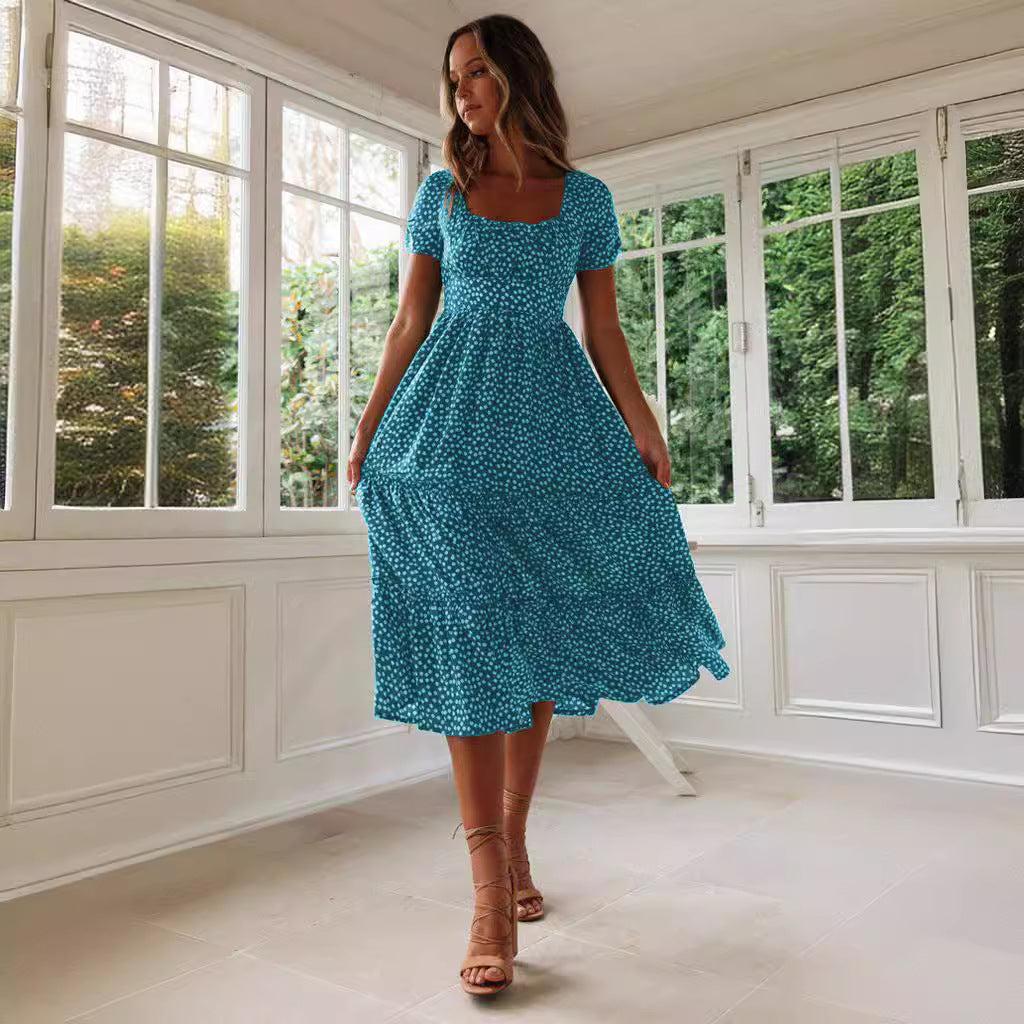 Square Collar Short Sleeve Dress Summer Puff Floral Printed Dress Long Dresses - KuzuSHOP