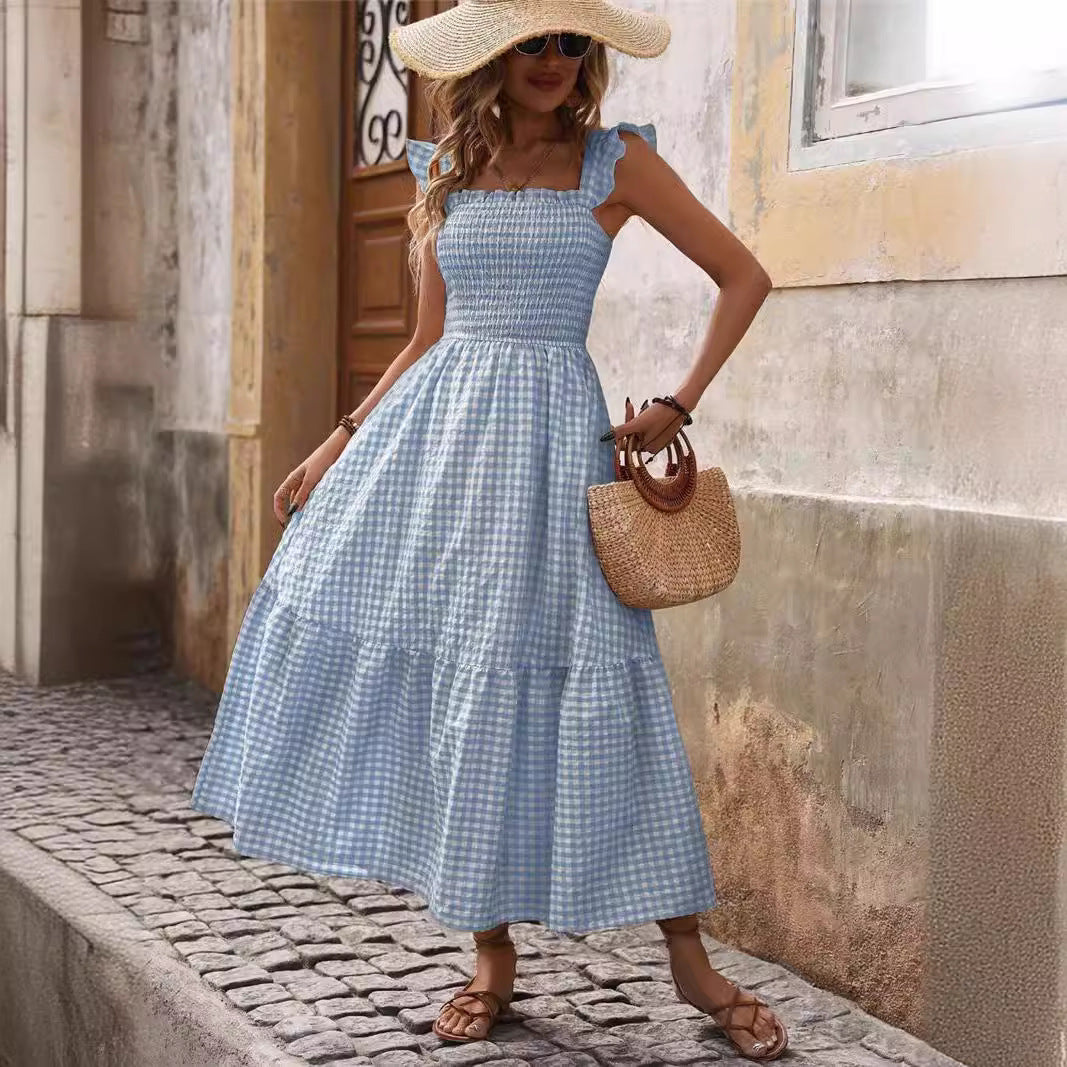 Women's Elastic Large Swing Plaid Dress - KuzuSHOP