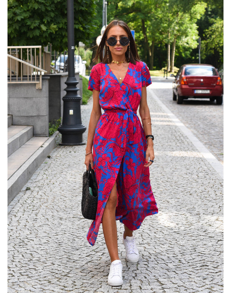 Women's summer v-neck print tie dress