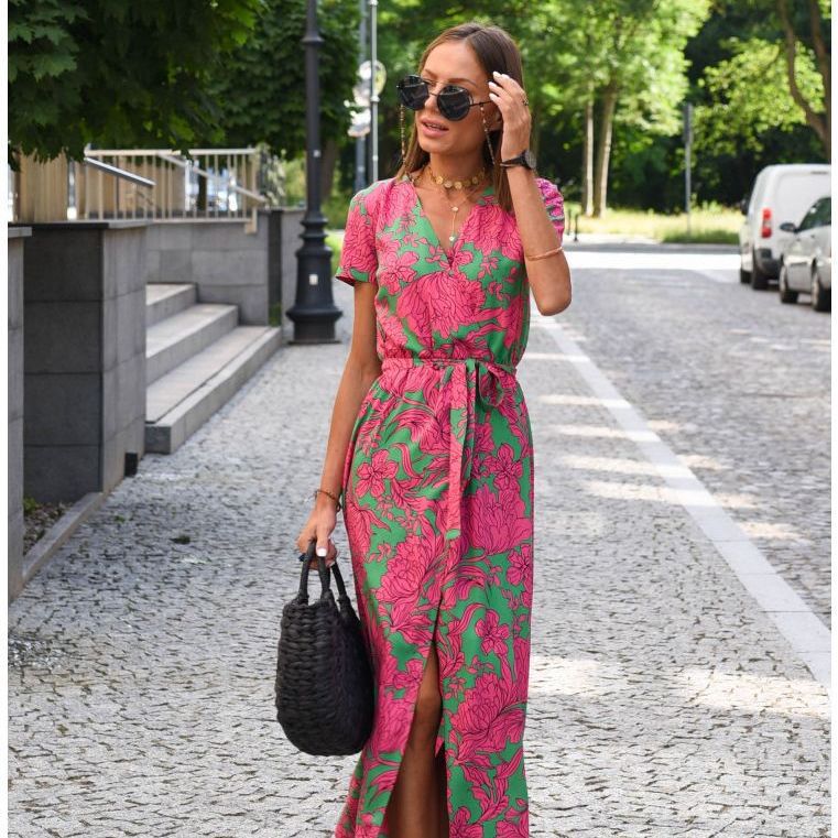 Women's summer v-neck print tie dress