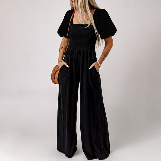 Women's Square Collar Short Sleeve Jumpsuit - KuzuSHOP