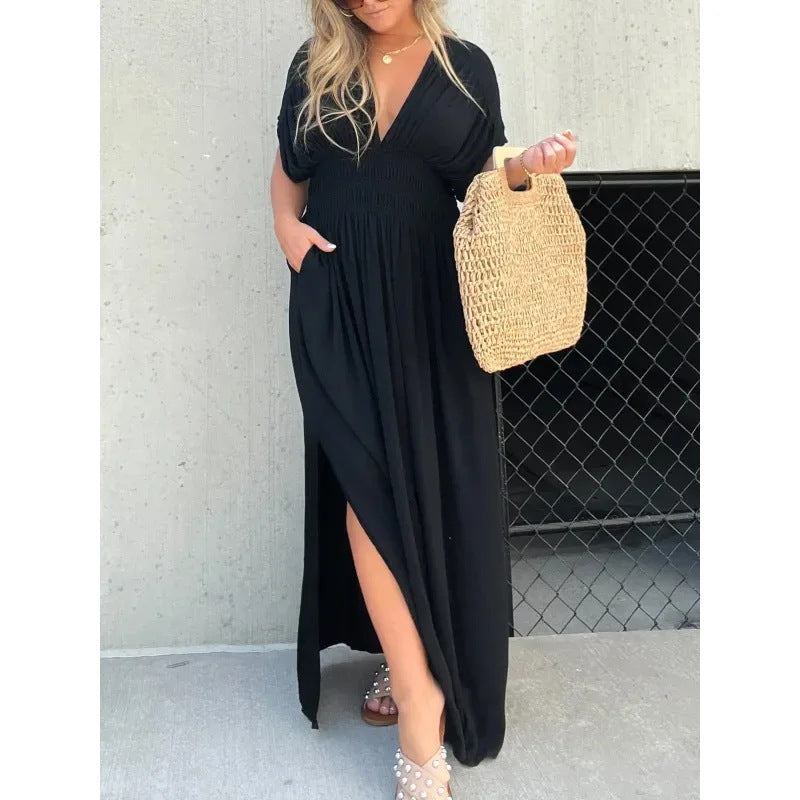 Fashion Bat-sleeved V-neck Slit Dress Summer Short Sleeve Elastic Waist Long Dresses Womens Clothing - KuzuSHOP