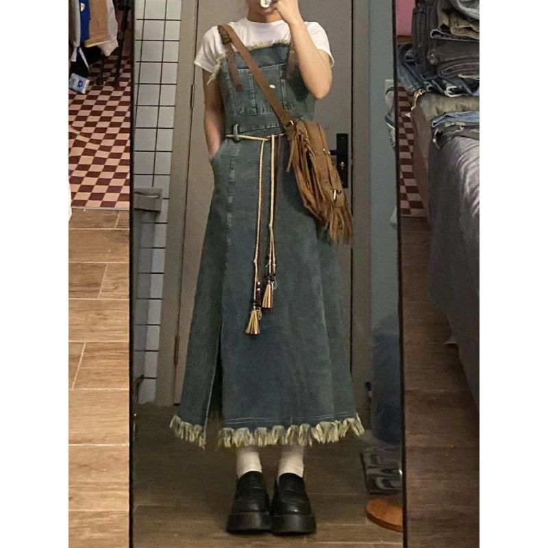 Retro Washed Raw Edge Denim Suspender Skirt - KuzuSHOP