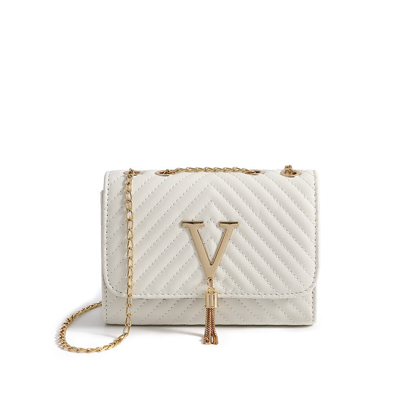 Trendy women's bag 2024 new fashion striped embroidered shoulder bag V-shaped tassel decoration messenger bag