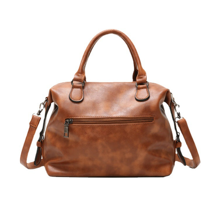 Cross-border new retro oil wax leather Boston bag women's bag temperament pendant handbag European and American shoulder bag - KuzuSHOP