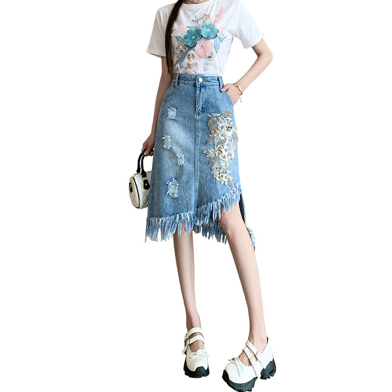 Ripped Flower Asymmetric Skirt Mid-length - KuzuSHOP