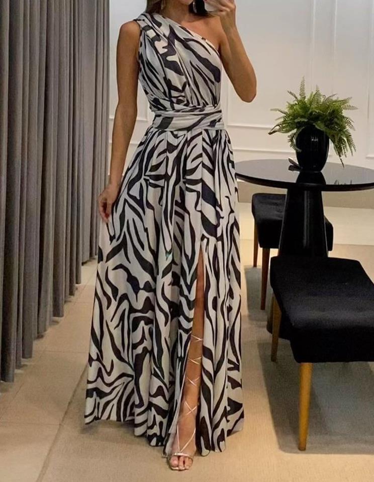 Women's Summer sexy open back one shoulder sleeveless printed long dress