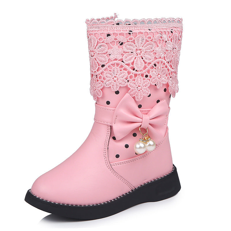 Bowknot Pendant Lace And Velvet Girls' Cotton Shoes - KuzuSHOP