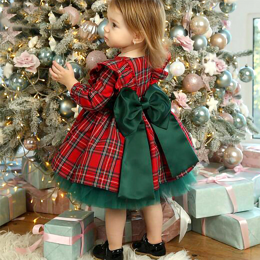 Girls Kids Red Checkered Bow Christmas Dress - KuzuSHOP