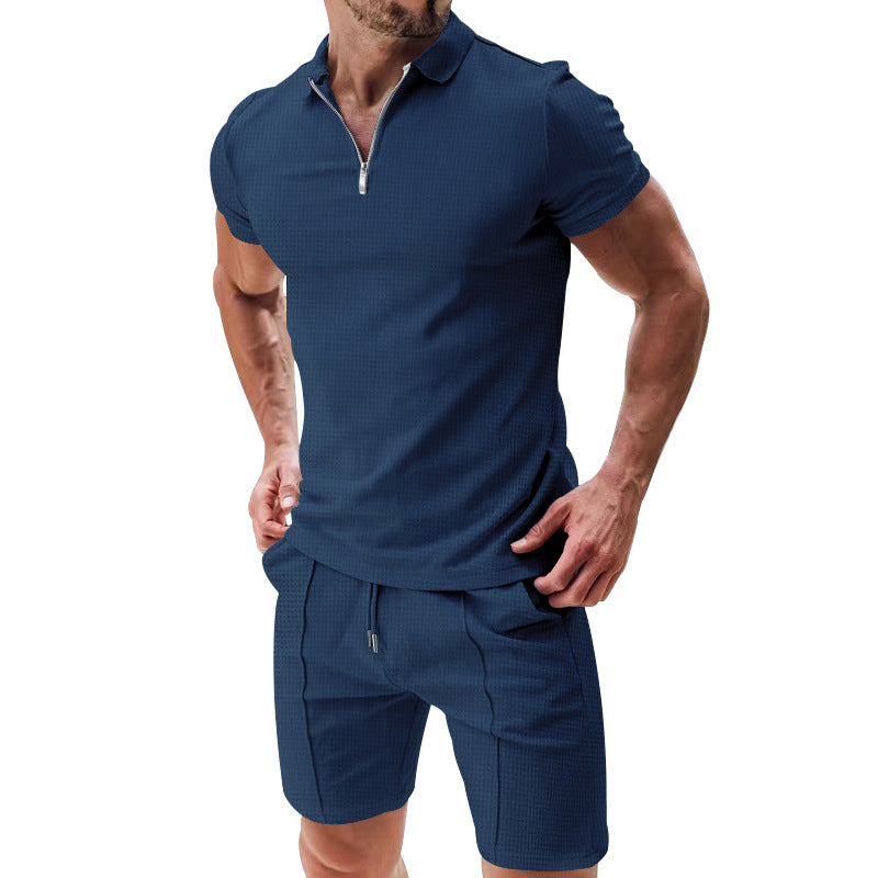 2Pcs Casual Waffle Suit Summer Zipper Lapel Short-sleeved Top And Drawstring Pockets Shorts Versatile Solid Color T-shirt Set For Mens Clothing - KuzuSHOP