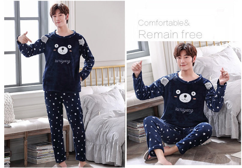 Coral Velvet Thickened Plus Velvet Cartoon Men's Pajamas - KuzuSHOP