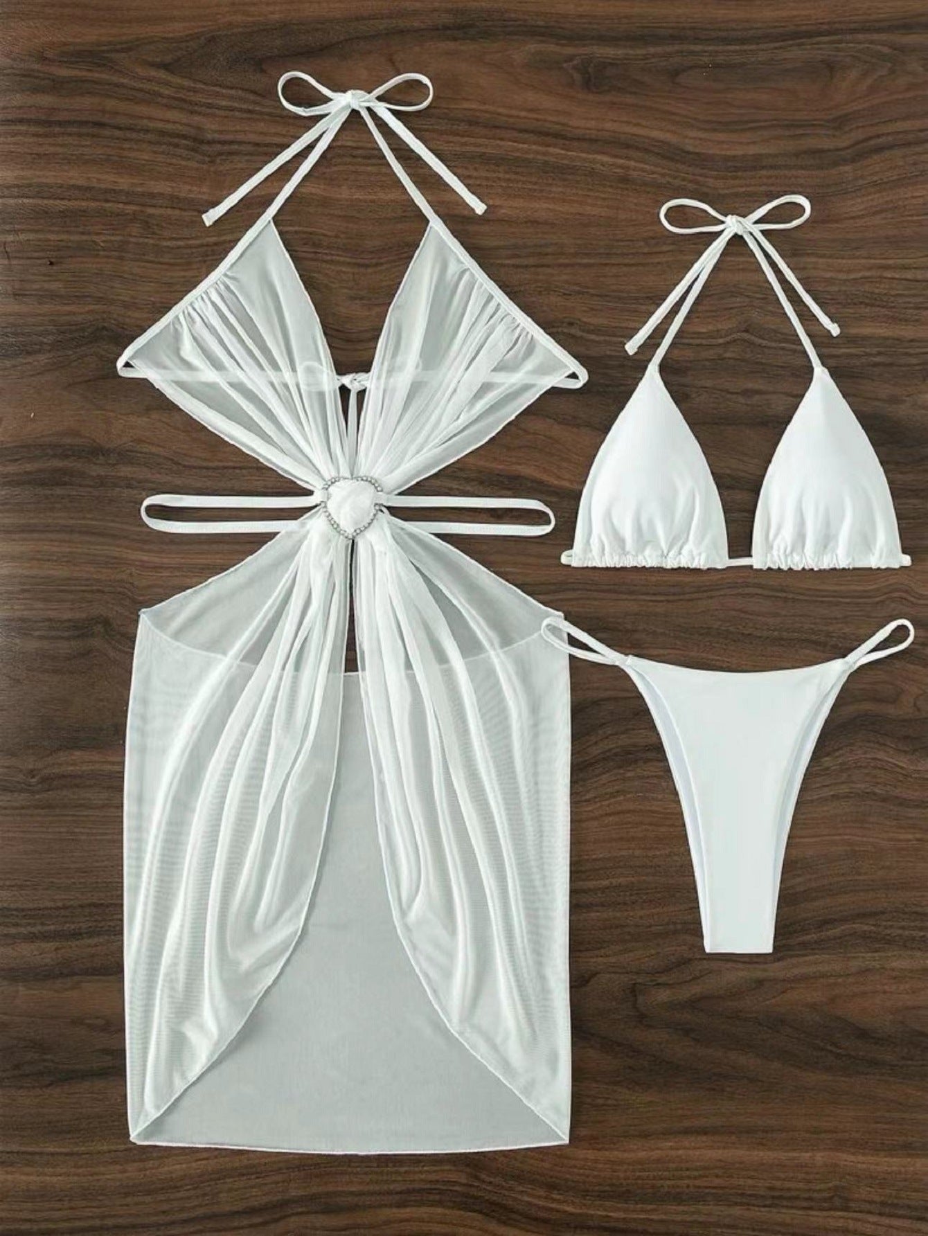 3pcs Halter Neck Bikini Beach Summer Solid Color Split Swimsuit Womens Clothing - KuzuSHOP