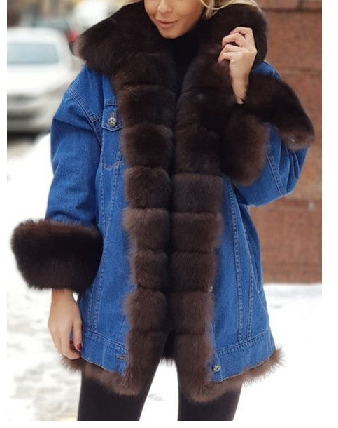 Ladies Fur One Denim Long Long Sleeve Coat - KuzuSHOP