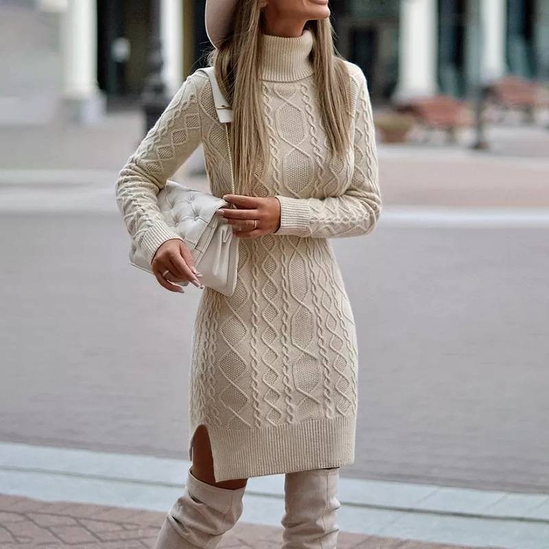 Fashion Turtleneck Knitted Dress With Slit Design Winter Warm Solid Color Pullover Long Sweater Women's Clothing - KuzuSHOP