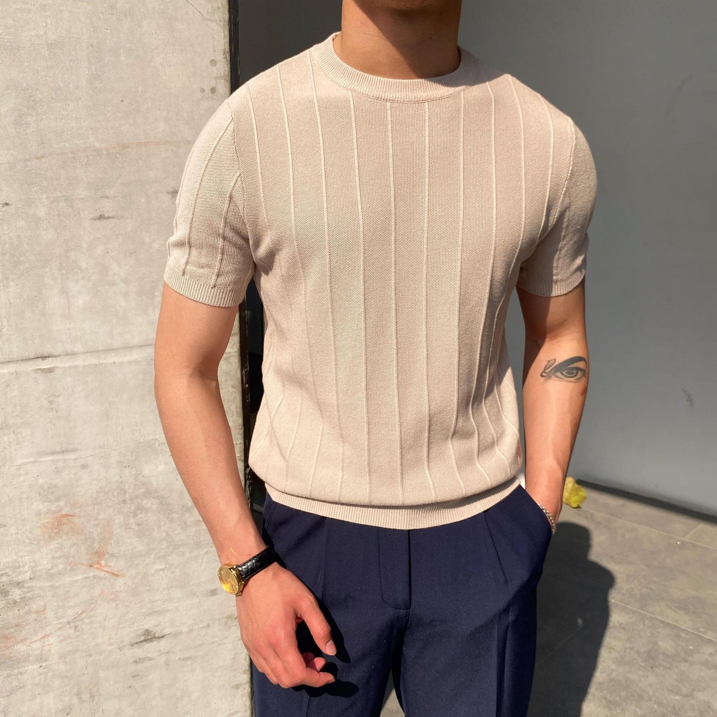 Short Sleeve Knitted T-shirt Summer Men's Light Round Neck Thin Tops - KuzuSHOP