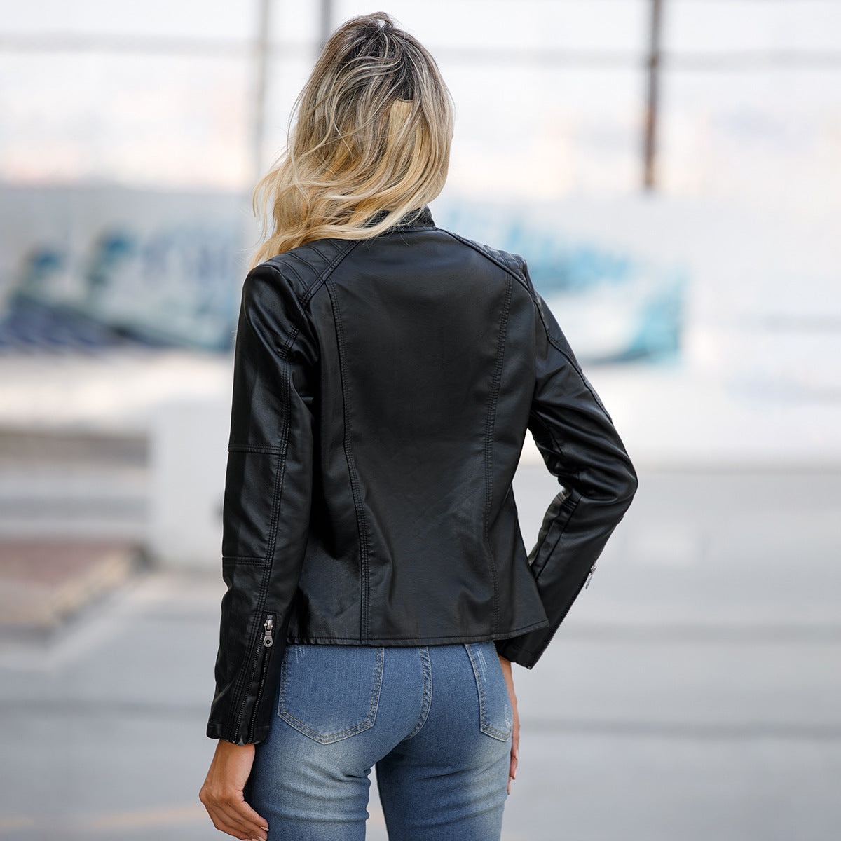 Biker Oversized Stand Collar Leather Jacket - KuzuSHOP