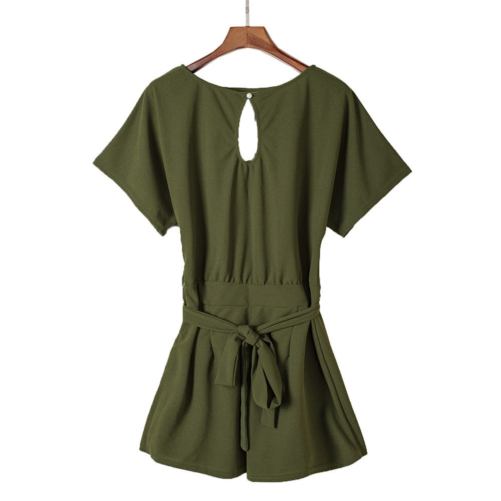 Women's Round Neck Short-sleeved Lace-up Jumpsuit - KuzuSHOP