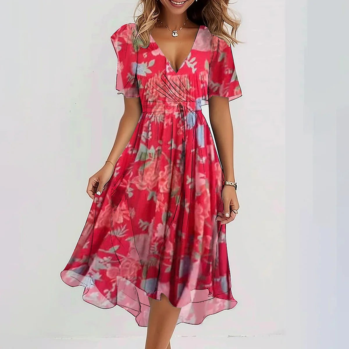 Chiffon Printed Short Sleeve Dress Summer Elegant V-neck Dresses Womens Clothing - KuzuSHOP