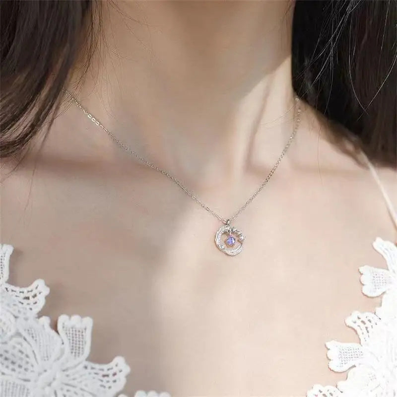 925 Silver Plated  Feather Shape Pendant Necklace Moonstone Round Bead Jewelry Choker Gift - KuzuSHOP
