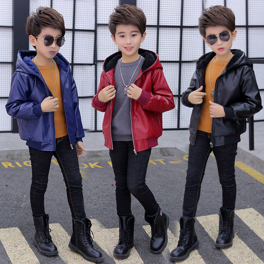 PU Leather Jacket Children's Wear Hooded Padded Coat - KuzuSHOP