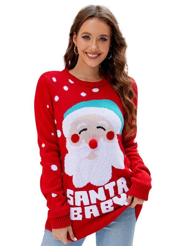 Women's Tops Santa Pullover Sweater Autumn And Winter Letter Embroidery Christmas Red Sweaters Long Sleeve Crew Neck Clothes - KuzuSHOP