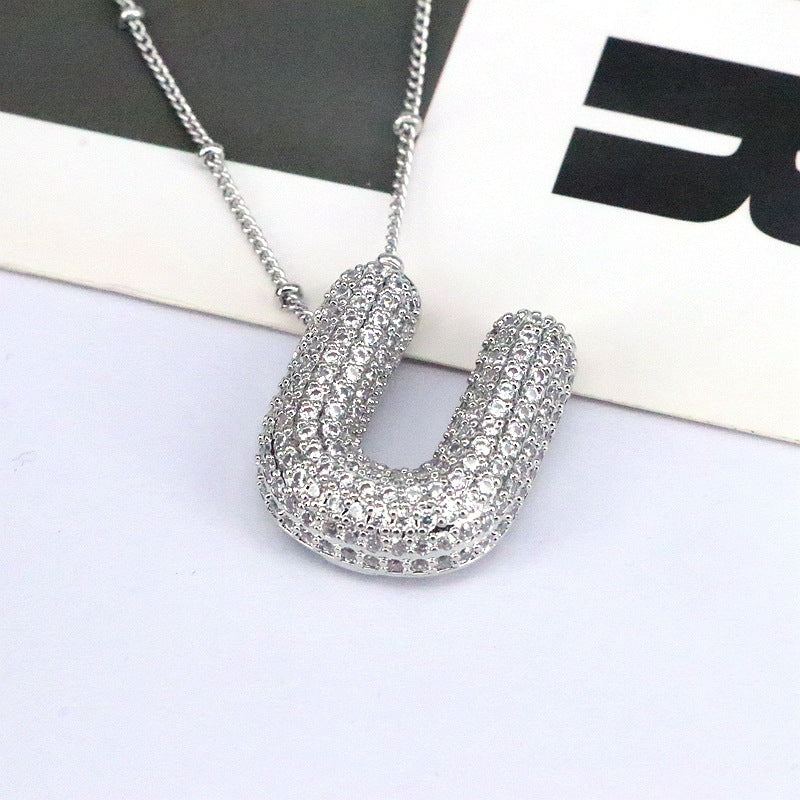 Brass Zircon Bubble Balloon Letter Pendant Necklace For Women - KuzuSHOP