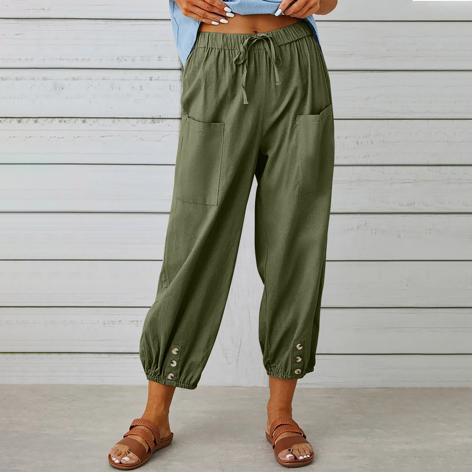 Women Drawstring Tie Pants Spring Summer Cotton And Linen Trousers With Pockets Button - KuzuSHOP