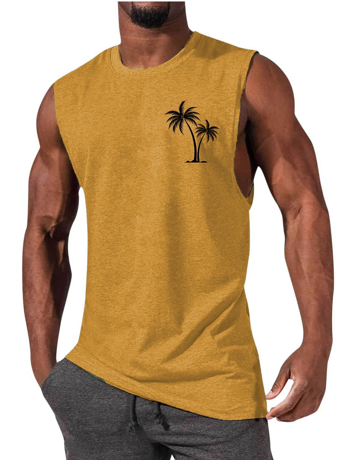 Coconut Tree Embroidery Vest Summer Beach Tank Tops Workout Muscle Men Sports Fitness T-shirt - KuzuSHOP
