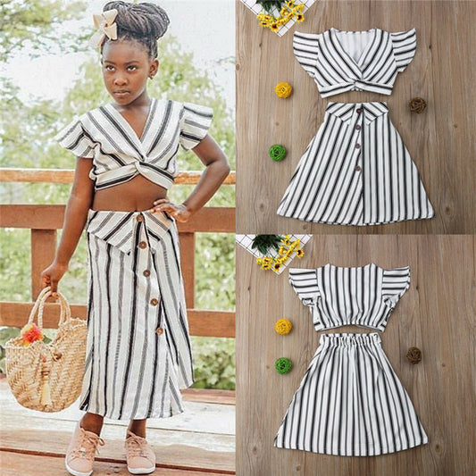 Children's Clothing Baby Girl Suit Striped Sleeveless Short Top And Long Skirt - KuzuSHOP