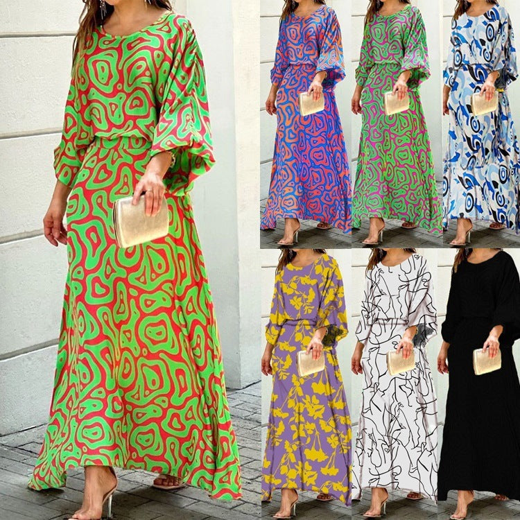 2pcs Women's Dress Suits Fashion Loose Printed Long Sleeve Top And High Waist Long Skirt - KuzuSHOP