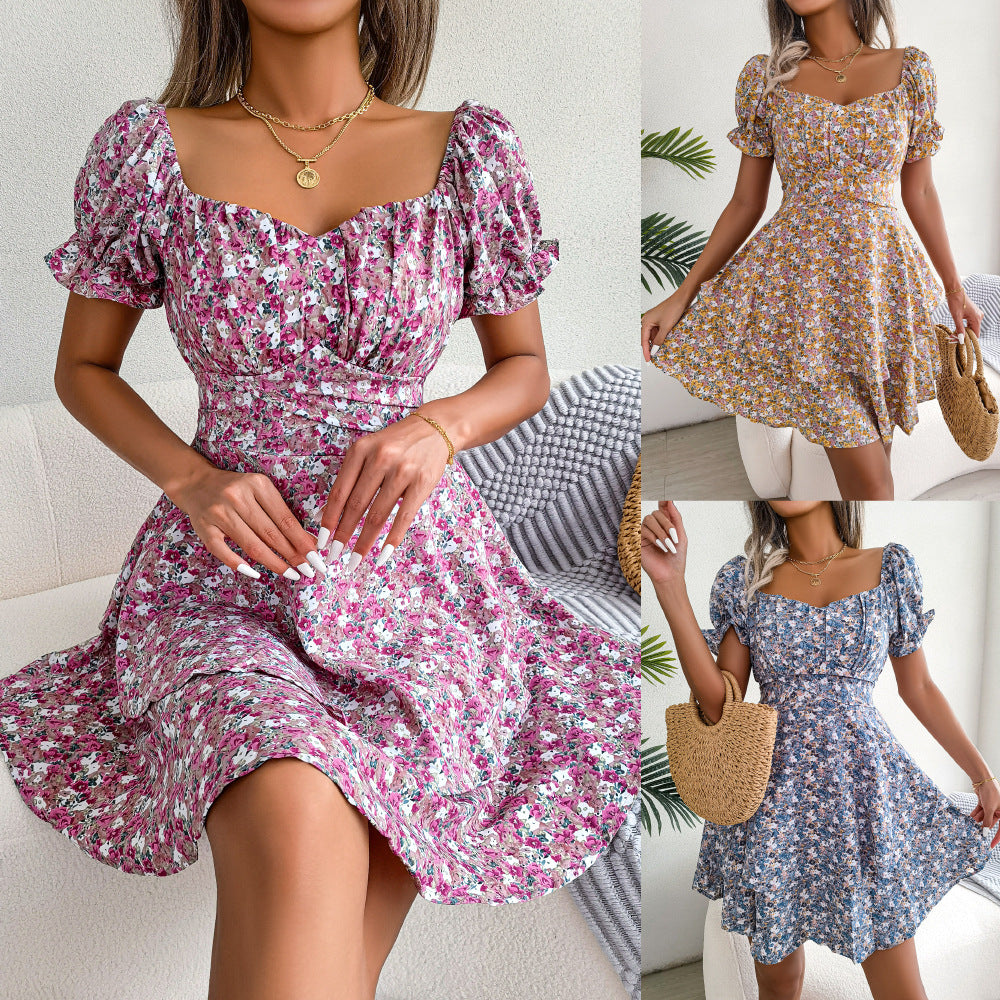 Women Mini Dress Temperament Big Swing Loose Hem Flower Print Shirring Dress Up Short Sleeves High Waist Summer Dress Clothes - KuzuSHOP