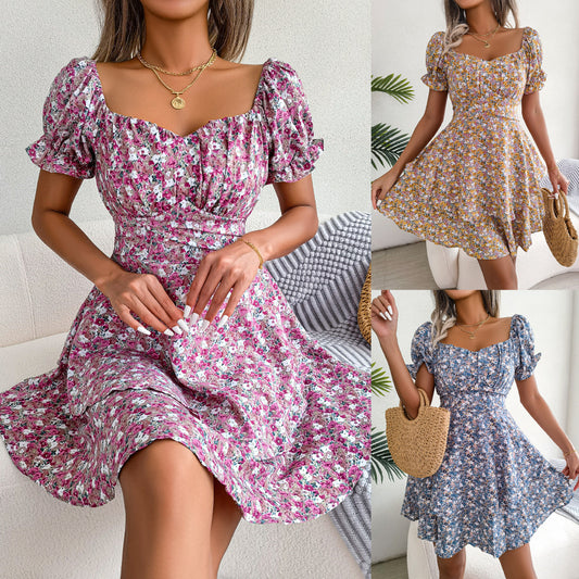 Women Mini Dress Temperament Big Swing Loose Hem Flower Print Shirring Dress Up Short Sleeves High Waist Summer Dress Clothes - KuzuSHOP