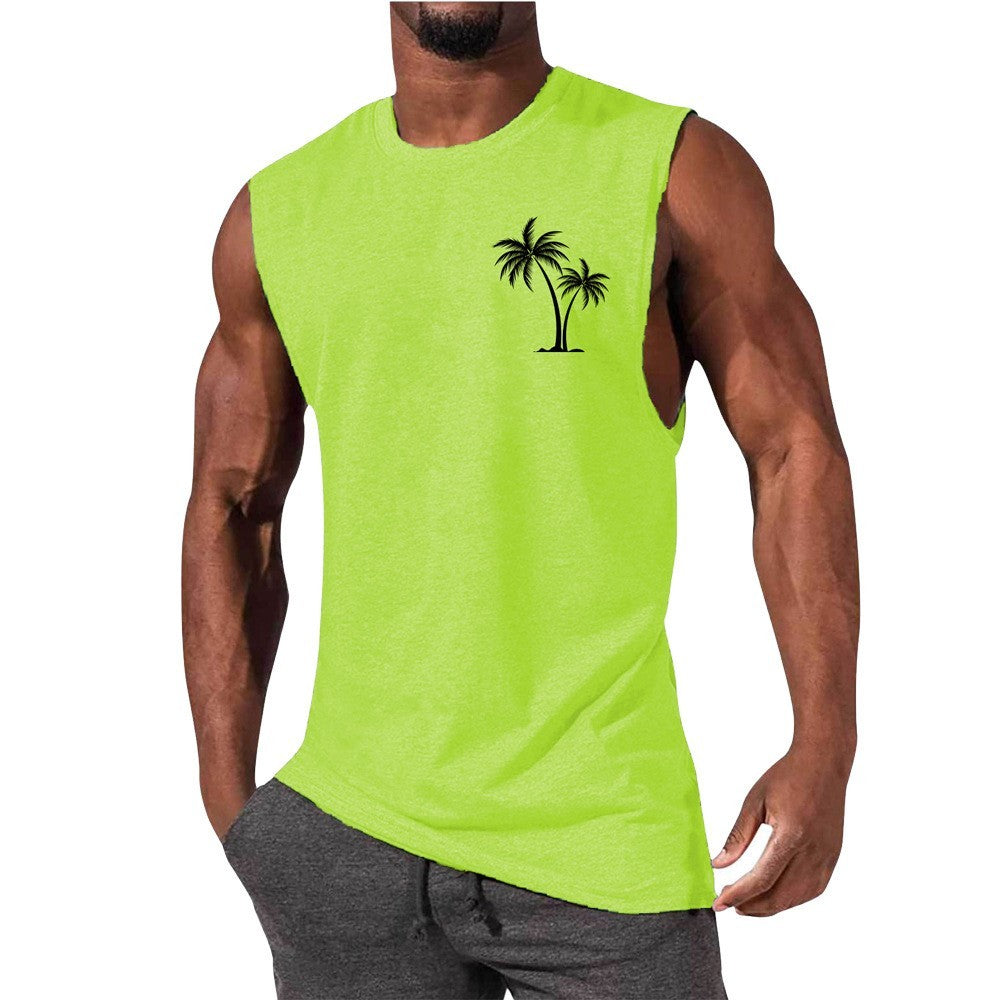 Coconut Tree Embroidery Vest Summer Beach Tank Tops Workout Muscle Men Sports Fitness T-shirt - KuzuSHOP