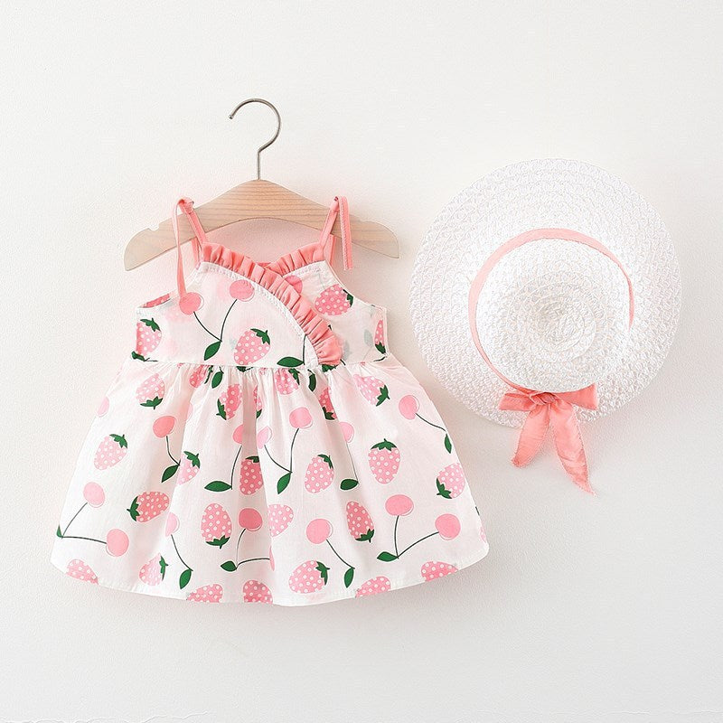Printed Shoulder Collar Suspender Dress Western Style Sleeveless Princess Dress With Straw Hat - KuzuSHOP