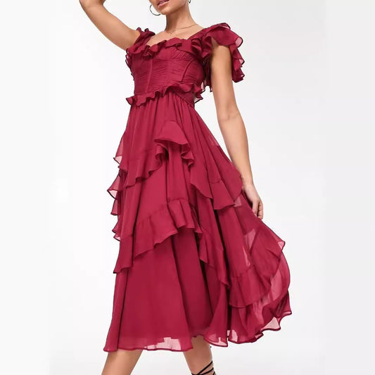 Summer Holiday Ruffled Short-sleeved Dress Fashion Backless Square Neck Long Dresses For Party Womens Clothing - KuzuSHOP
