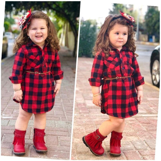 Fashion Girls Long Red Plaid Dress With Belt - KuzuSHOP