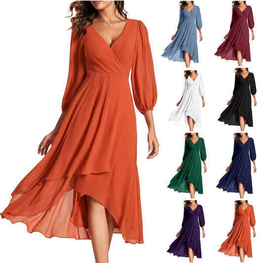 Women's V-neck Long-sleeved Dress Loose Party Evening Dress - KuzuSHOP