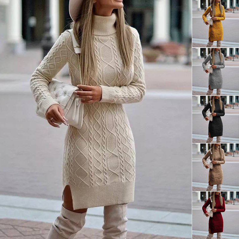 Fashion Turtleneck Knitted Dress With Slit Design Winter Warm Solid Color Pullover Long Sweater Women's Clothing - KuzuSHOP