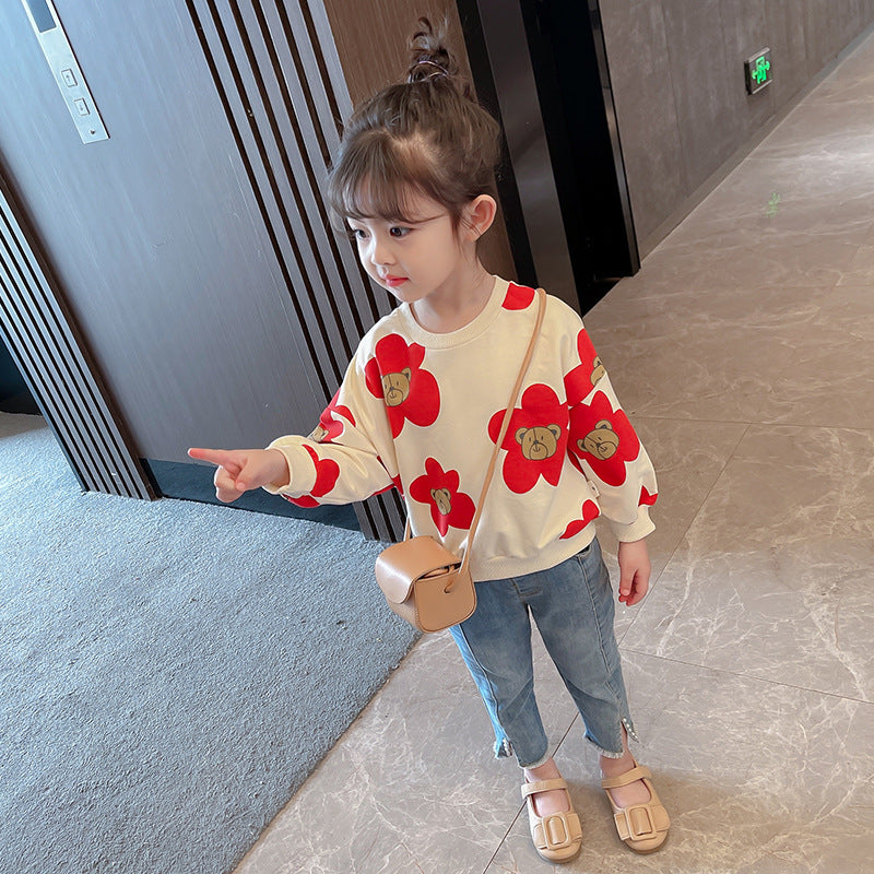 New Girls Flower Bear T-shirt Bottoming Shirt Tide - KuzuSHOP