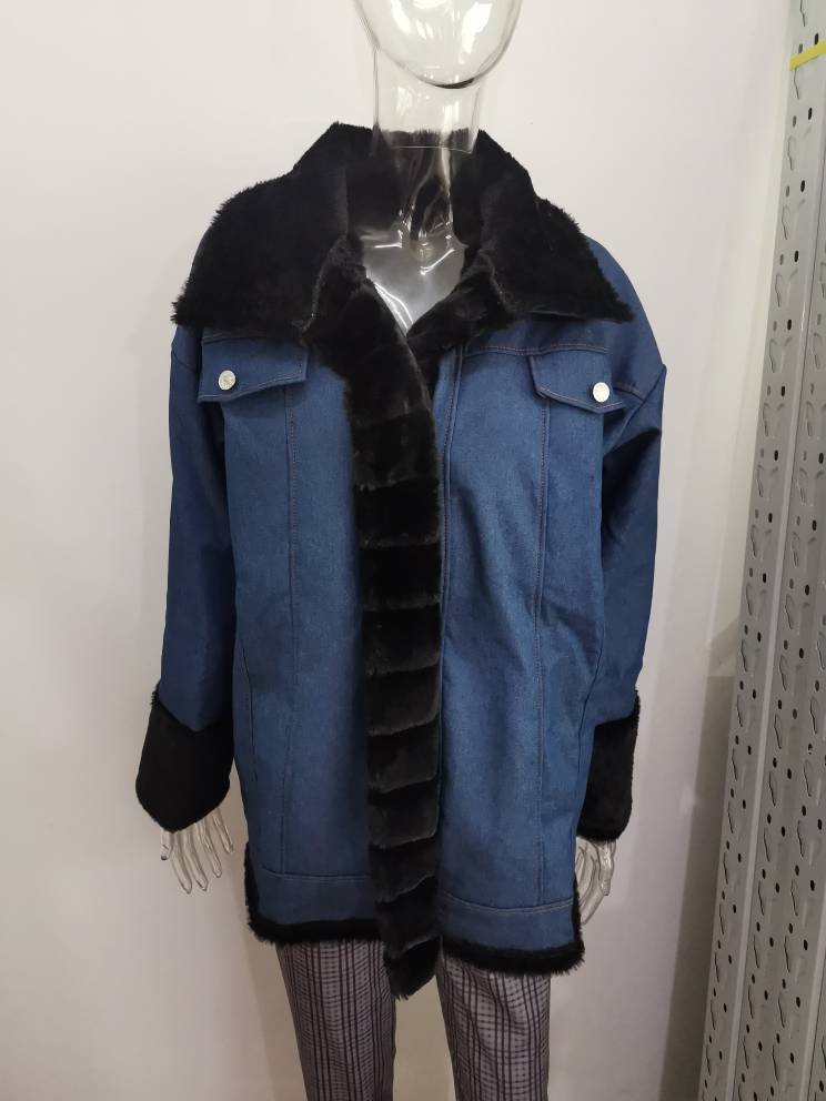 Ladies Fur One Denim Long Long Sleeve Coat - KuzuSHOP
