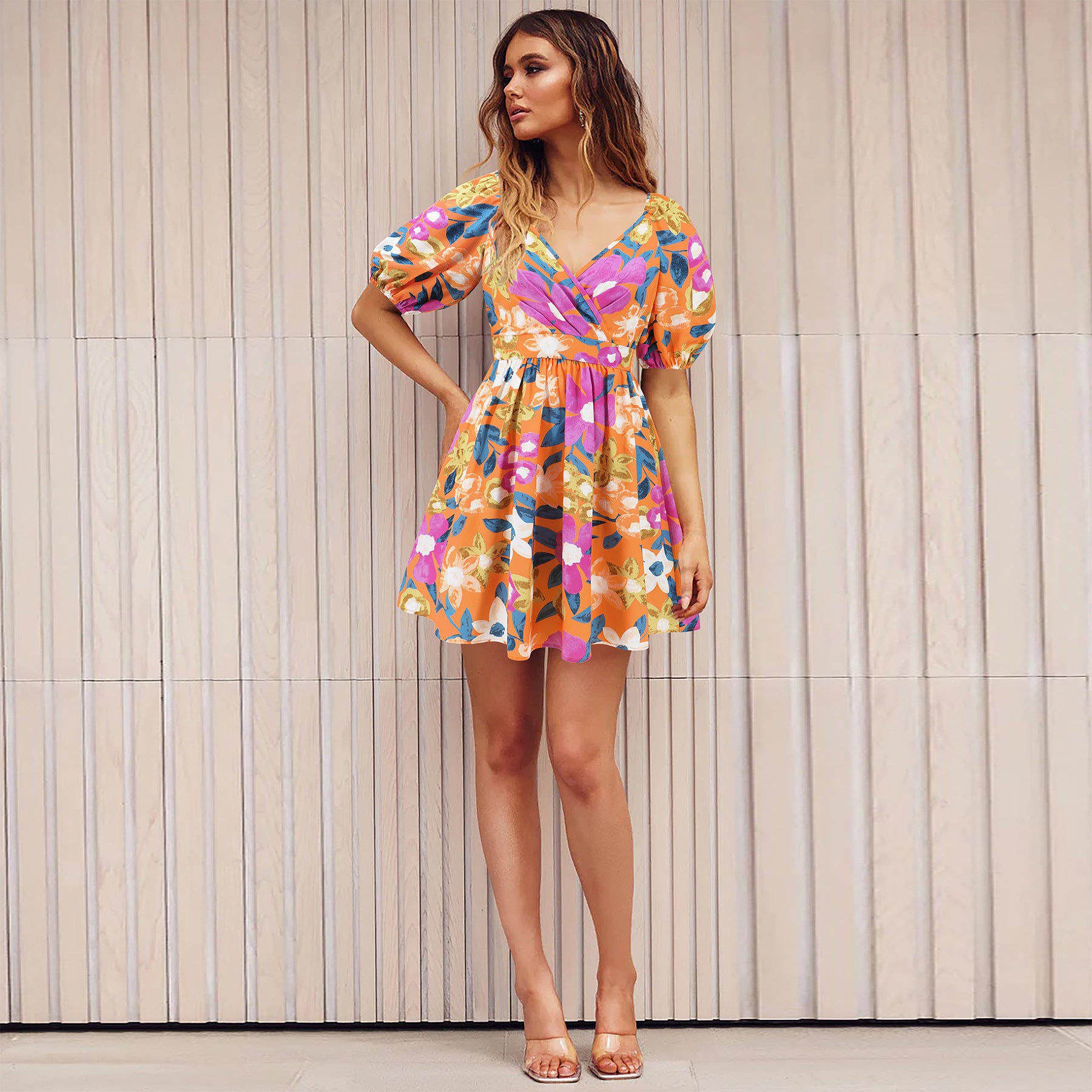 Flowers Print V-Neck Lantern-sleeve Dress Y2K Summer Vacation Beach Short Dresses Fashion Womens Clothing - KuzuSHOP