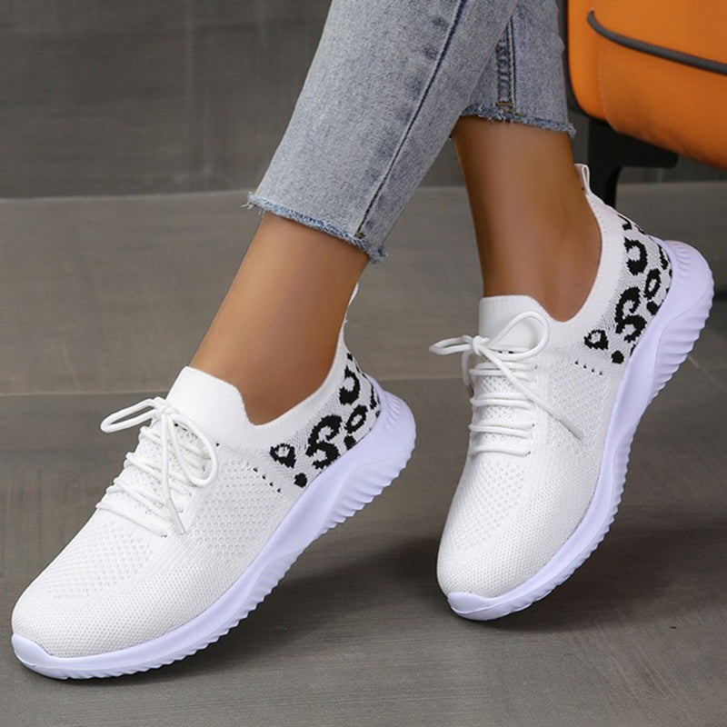 White Shoes Women Leopard Print Lace-up Sneakers Sports - KuzuSHOP